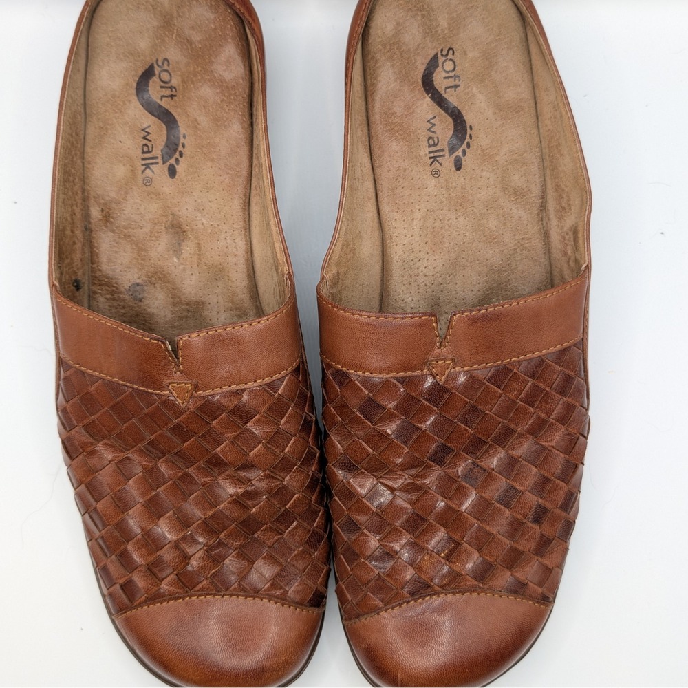 SoftWalk San Marcos Woven Brown Leather Slip On Mules Comfort Clogs Size 10